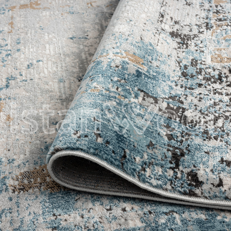 Alfombra Moderna, Gruesa, Pelo con Relieve, Color Azul con Dorado. Colección Kilyos