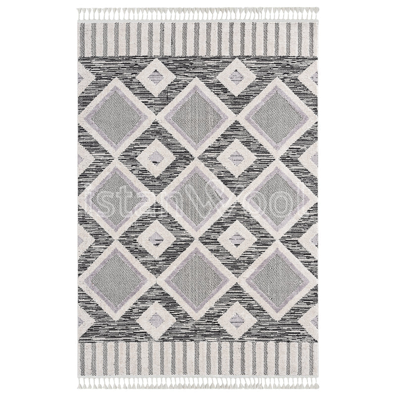 Alfombra Grande Moderna con Diseños, Gruesa, Pelo Con Relieve, Color Blanca con Negro. Colección Uskudar