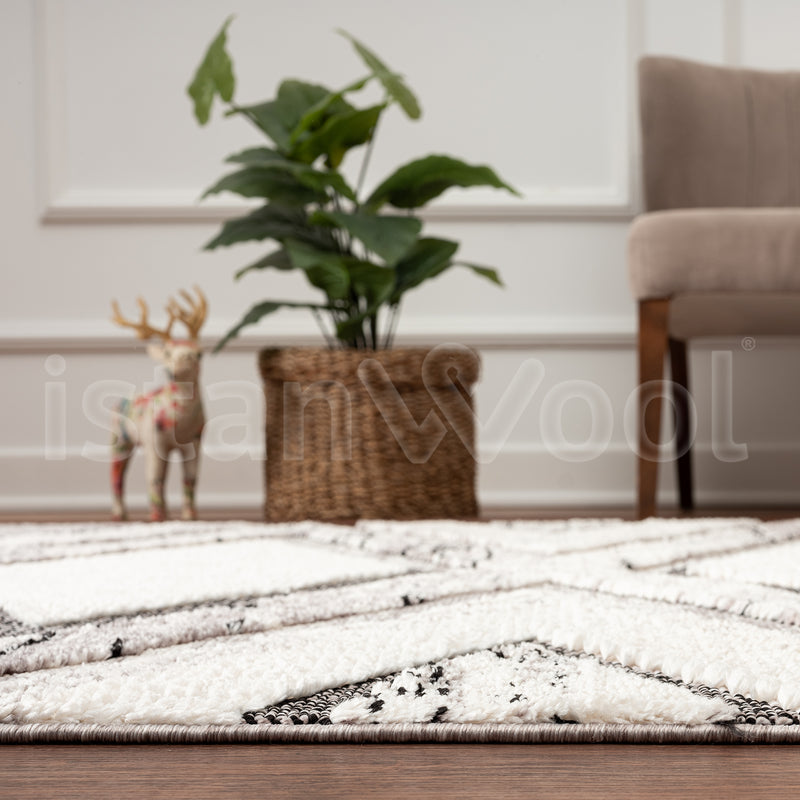 Alfombra Moderna con Diseños, Gruesa, Pelo Con Relieve, Color Gris con Blanco. Colección Uskudar.
