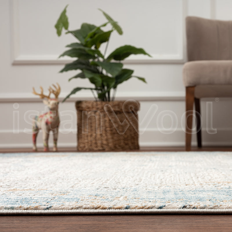 Alfombra Moderna, Gruesa, Pelo con Relieve, Color Azul con Dorado. Colección Kilyos