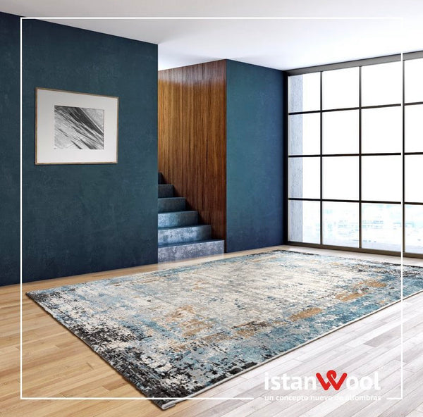 Alfombra Moderna, Gruesa, Pelo con Relieve, Color Azul con Dorado. Colección Kilyos