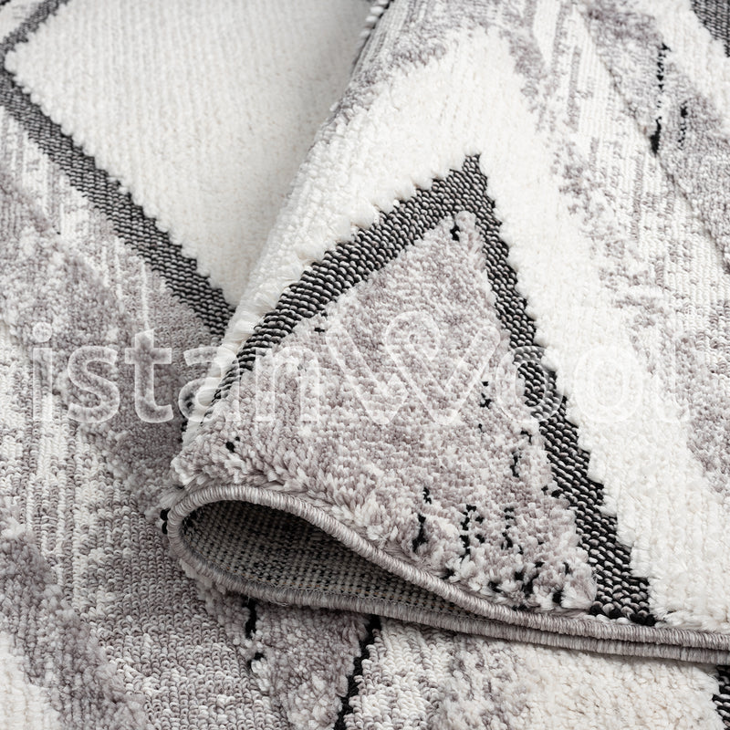 Alfombra Moderna con Diseños, Gruesa, Pelo Con Relieve, Color Gris con Blanco. Colección Uskudar.