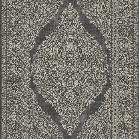 Alfombra Moderna Estilo Antigua, Gruesa, Pelo con Relieve, Color Negro con Dorado. Colección Ortakoy