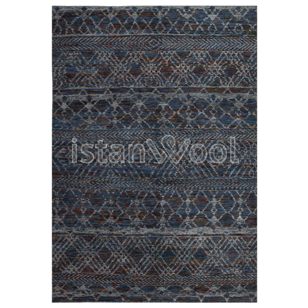 Alfombra  Moderna de Lana, Hecha a Mano, Gruesa, Azul con Burdeo. Colección Goa