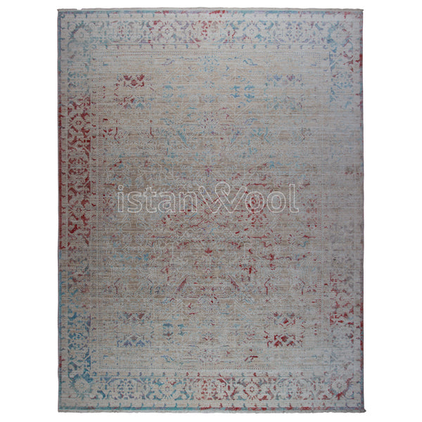 Alfombra Grande, Moderna Estilo Antiguo, Pelo Corto. Celeste con Rojo. Colección Sirkeci