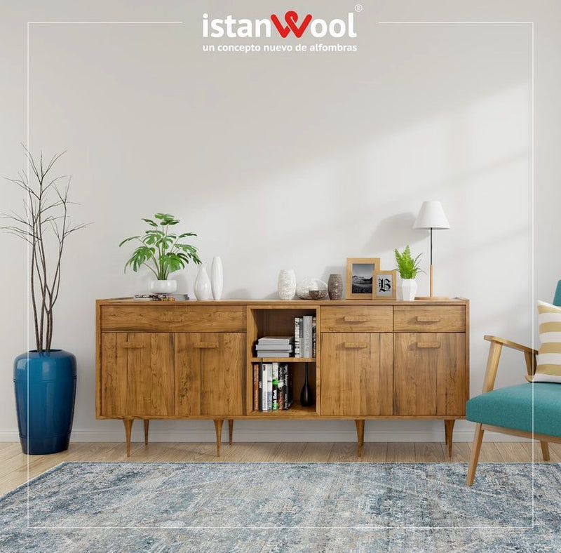Alfombra Moderna Estilo Antiguo, Gruesa, Pelo Corto, Gris y Azul.  Colección Riva.