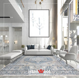 Alfombra Moderna Estilo Antiguo, Gruesa, Pelo Corto, Celeste con Gris. Colección Riva.