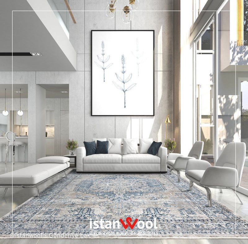 Alfombra Moderna Estilo Antiguo, Gruesa, Pelo Corto, Celeste con Gris. Colección Riva.