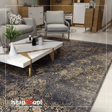 Alfombra Moderna Estilo Antiguo, Gruesa, Pelo con Relieve, Color Negro con Dorado. Colección Ortakoy