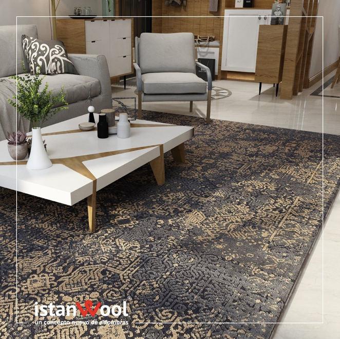 Alfombra Moderna Estilo Antiguo, Gruesa, Pelo con Relieve, Color Negro con Dorado. Colección Ortakoy