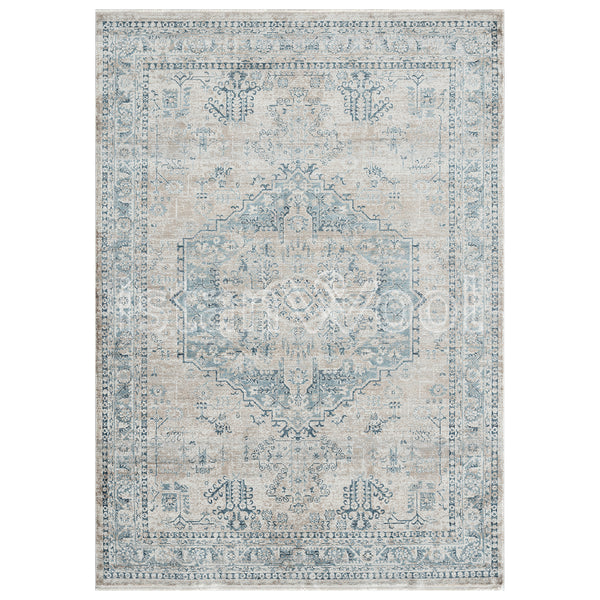 Alfombra Moderna Estilo antiguo, Gruesa, Pelo Corto, Gris y Celeste. Colección Riva.