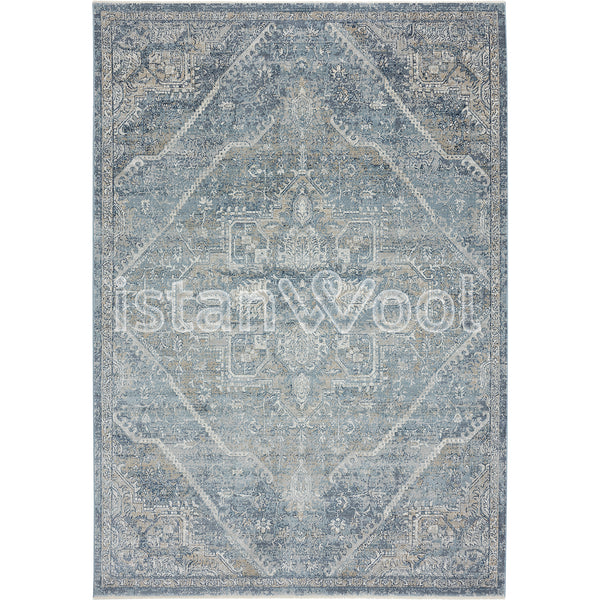 Alfombra Moderna Estilo Antiguo, Gruesa, Pelo Corto, Gris y Azul.  Colección Riva.