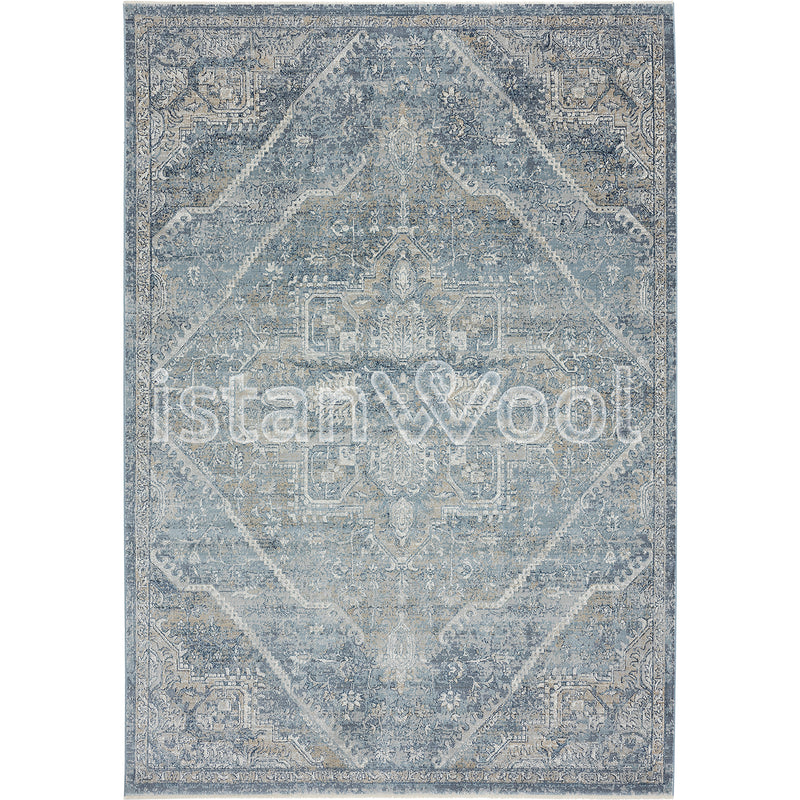 Alfombra Moderna Estilo Antiguo, Gruesa, Pelo Corto, Gris y Azul.  Colección Riva.