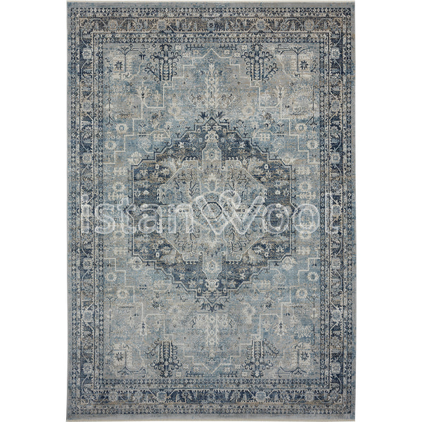 Alfombra Moderna Estilo Antiguo, Gruesa, Pelo Corto, Gris con Celeste. Colección Riva.