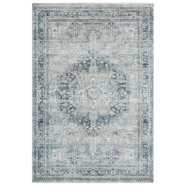 Alfombra Moderna Estilo Antiguo, Gruesa, Pelo Corto, Celeste con Gris. Colección Riva.