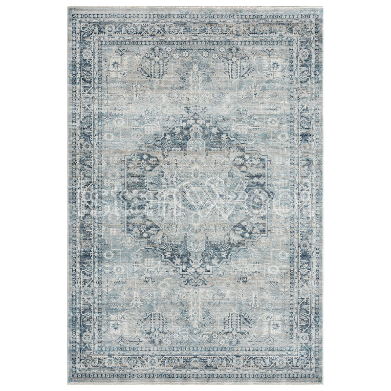 Alfombra Moderna Estilo Antiguo, Gruesa, Pelo Corto, Celeste con Gris. Colección Riva.