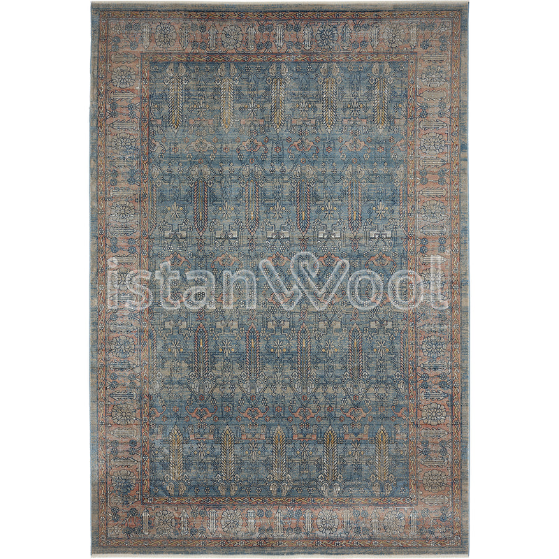 Alfombra Moderna Estilo Antiguo, Gruesa, Pelo con Relieve, Azul con Naranja.  Colección Riva