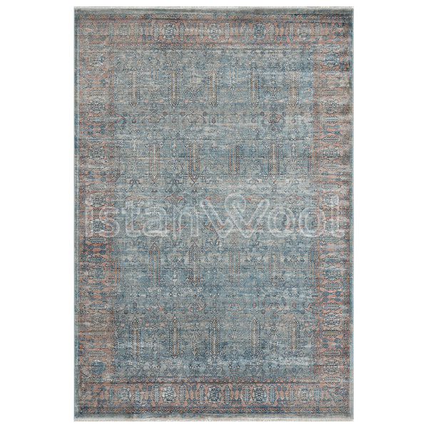 Alfombra Moderna Estilo Antiguo, Gruesa, Pelo con Relieve, Color Azul y Naranja. Colección Riva.