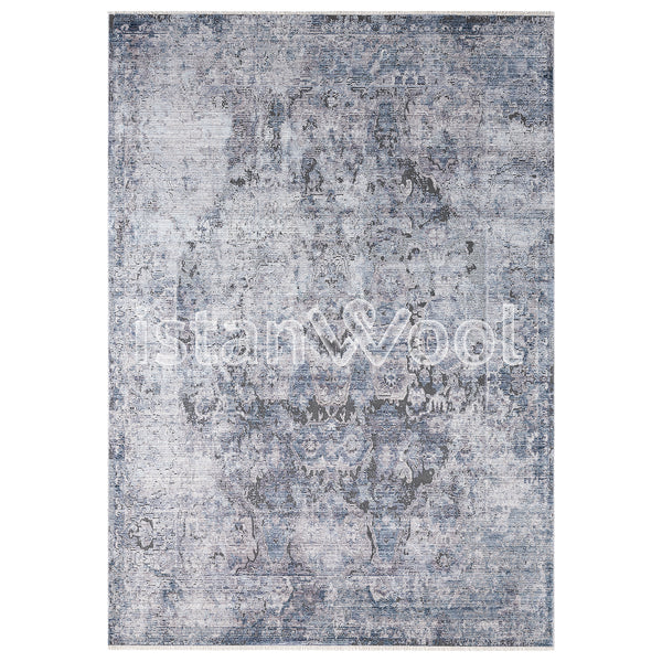Alfombra Moderna Estilo Antiguo, Gruesa, Pelo Corto, Color Azul y Gris. Colección Riva.