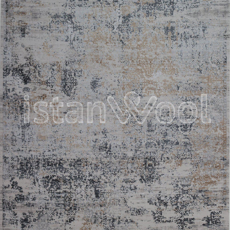 Alfombra Grande Moderna con Diseño, Gruesa, Pelo con Relieve, Color Gris con Dorado. Colección Ulus.