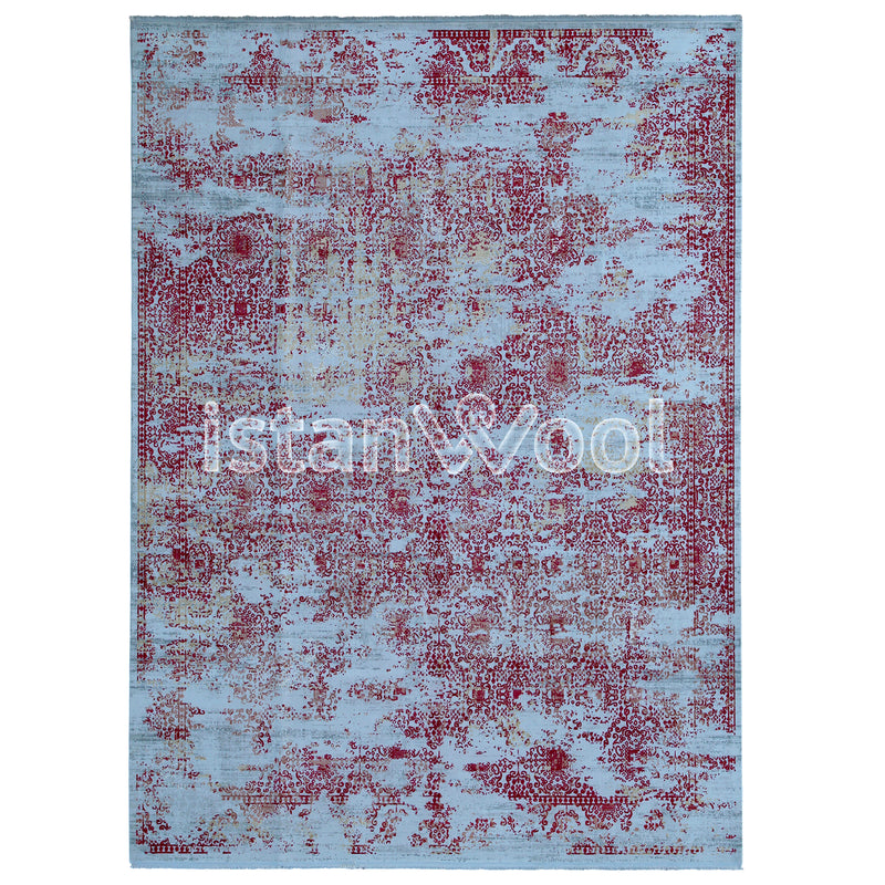 Alfombra Moderna con Diseño, Gruesa, Pelo con Relieve, Color Celeste con Rojo. Colección Ulus.