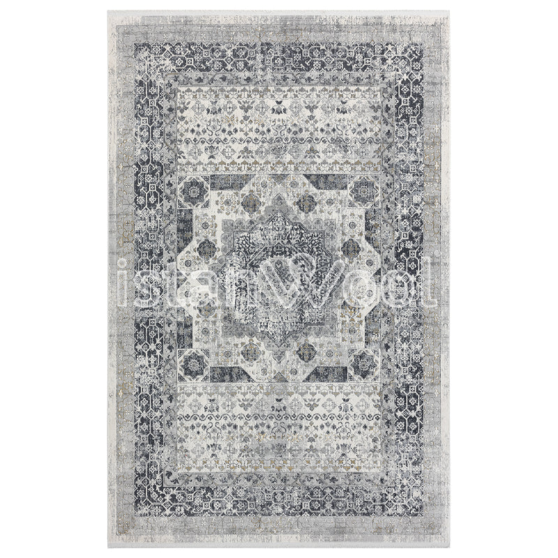 Alfombra Grande Moderna con Diseño Estilo Antiguo, Gruesa, Pelo con Relieve, Color Gris. Colección Ulus.