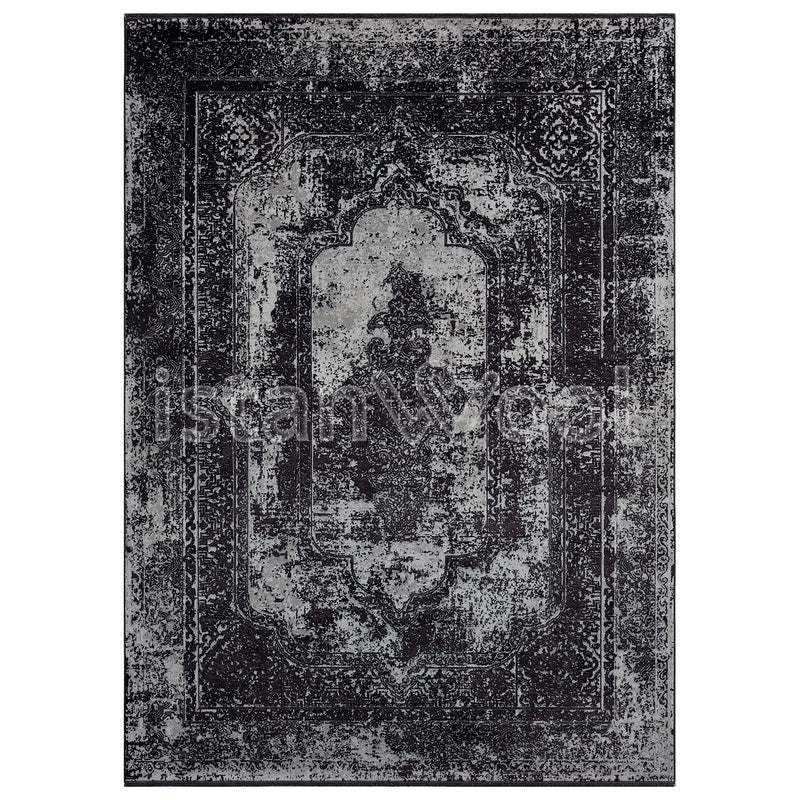 Alfombra Moderna Estilo Antiguo, Gruesa, Pelo con Relieve, Color Negro. Colección Ortakoy.