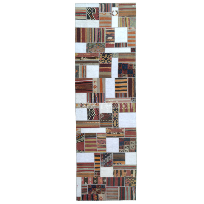 Alfombra Kilim Patchwork de Alto Trafico, Color Blanca con Café. Colección Balat