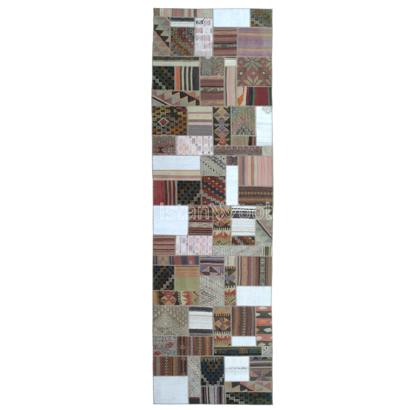 Alfombra Kilim Patchwork de Alto Trafico, Blanca con Café. Colección Balat