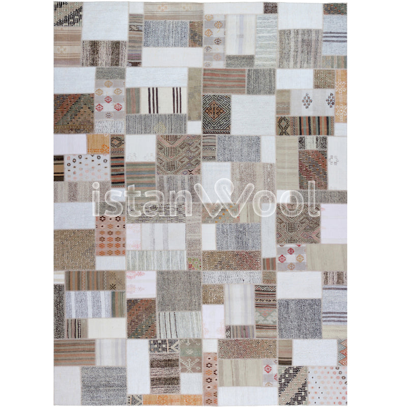 Alfombra Kilim Patchwork, Blanca con Café. Colección Balat