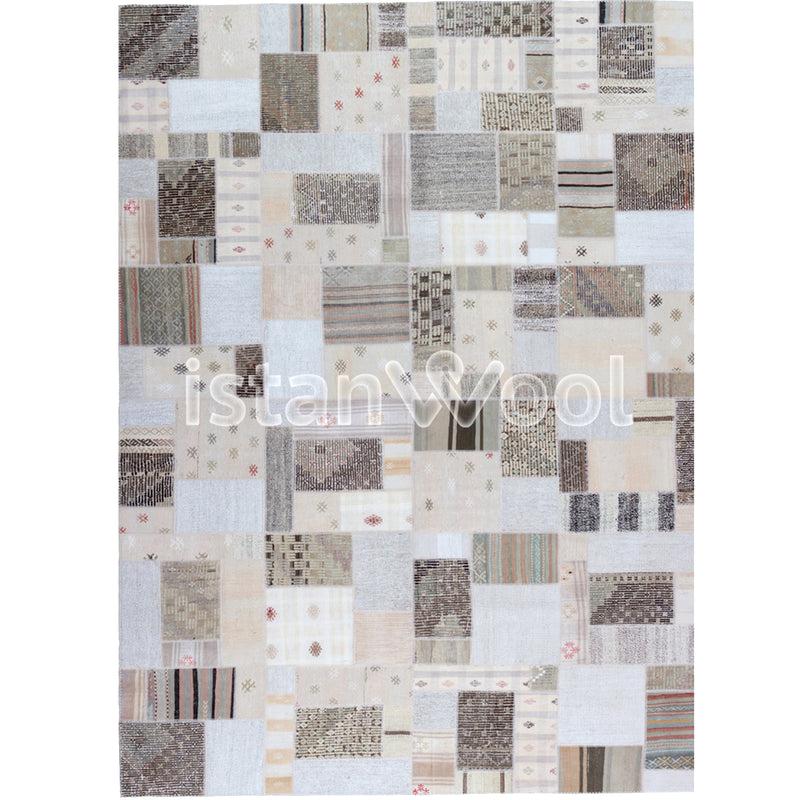 Alfombra Kilim Patchwork, Blanca con Café. Colección Balat
