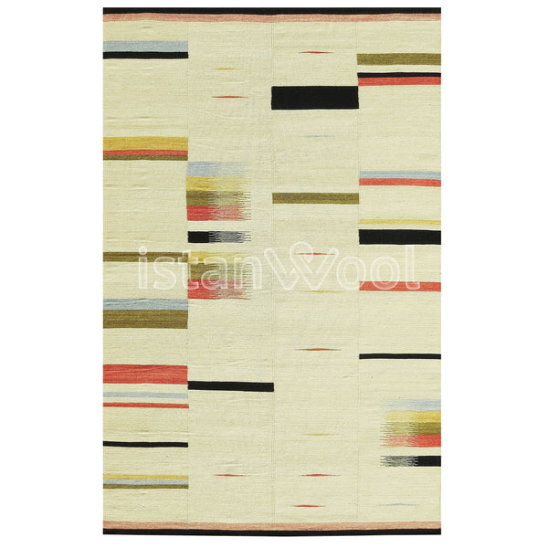 Alfombra Kilim Moderna de Lana Hecha a Mano, Color Amarilla. Colección Makalu