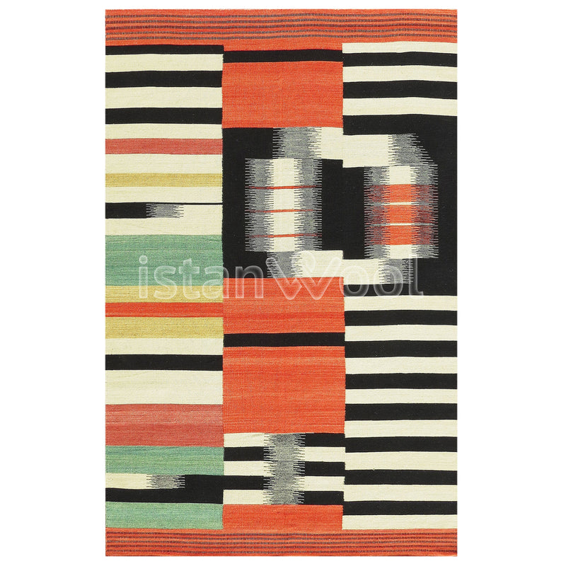 Alfombra Kilim Moderna de Lana Hecha a Mano, Multicolor. Colección Makalu