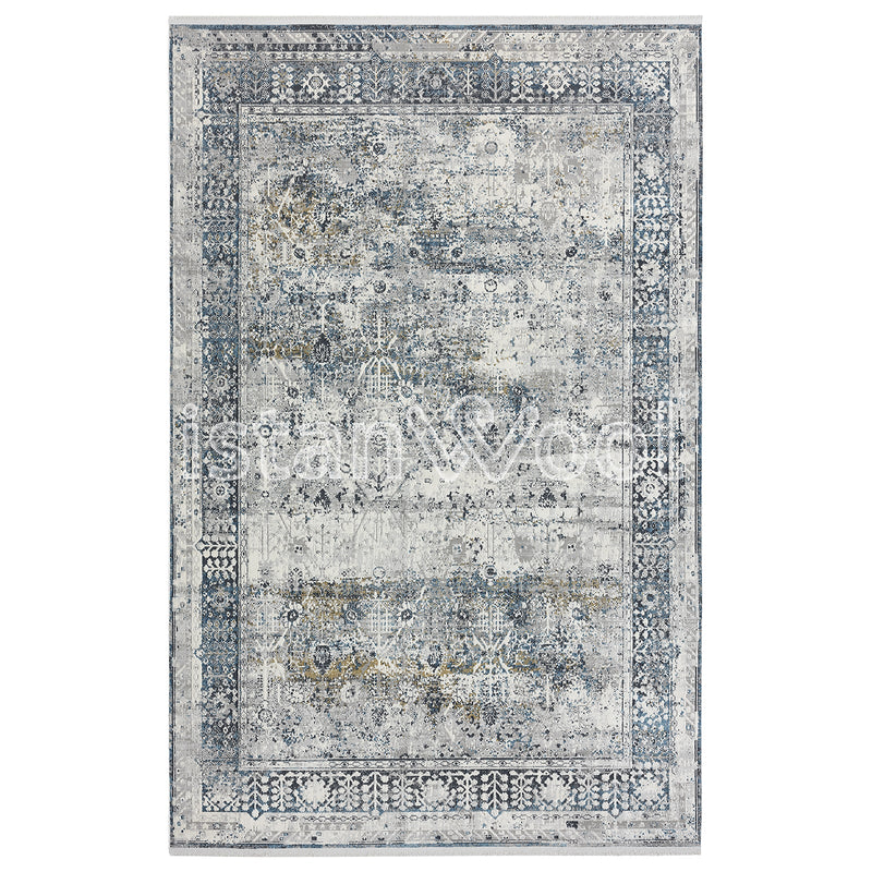 Alfombra Grande Moderna con Diseño Antiguo, Gruesa, Pelo con Relieve, Color Gris con Azul. Colección Ulus.