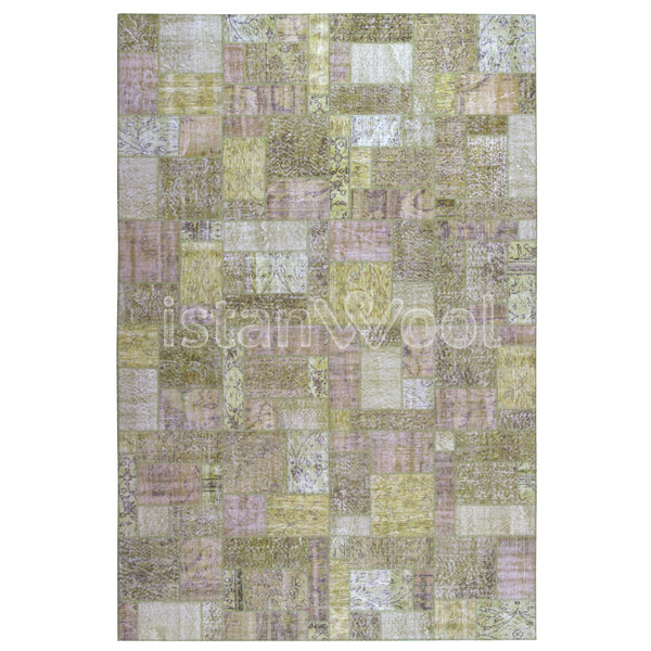 Alfombra Patchwork de Lana, Hecha a Mano, Gruesa, Verde. Colección Kadikoy.
