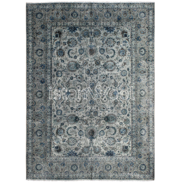 Alfombra Vintage de Lana Hecha a Mano con Nudos. Color Verde con Azul. Colección Kalamis