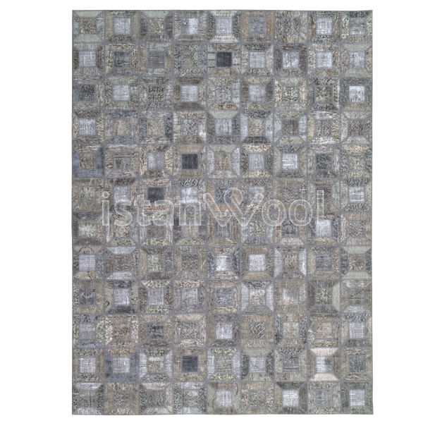 Alfombra Patchwork de Lana, Hecha a Mano, Gruesa,  Color Gris. Colección Kadikoy.