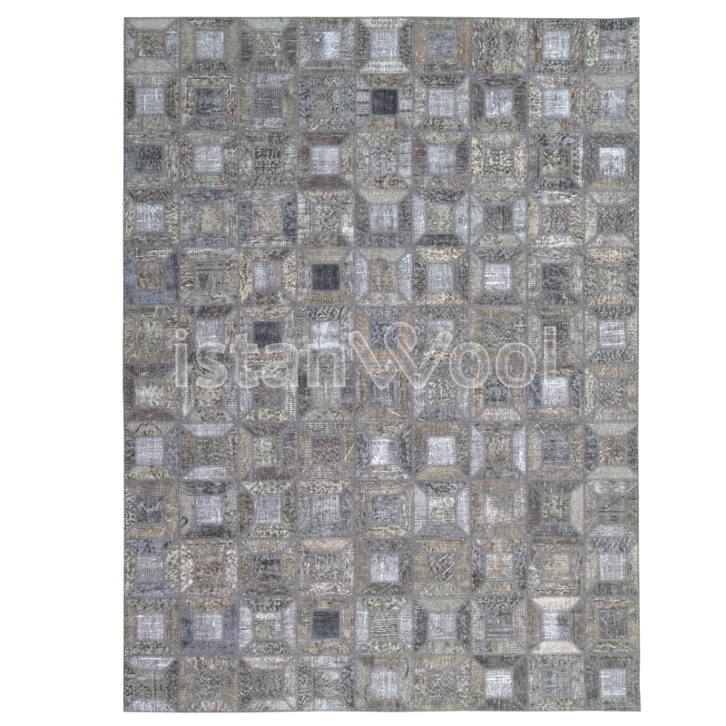 Alfombra Patchwork de Lana, Hecha a Mano, Gruesa,  Color Gris. Colección Kadikoy.