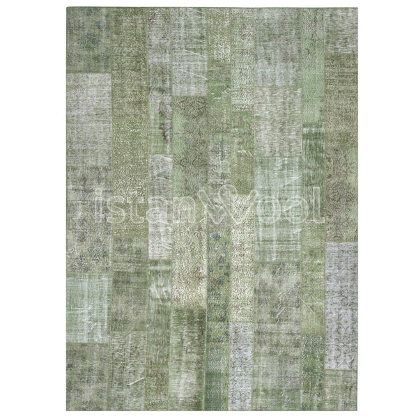 Alfombra Patchwork de Lana, Hecha a Mano, Gruesa, Color Verde. Colección Kadikoy.