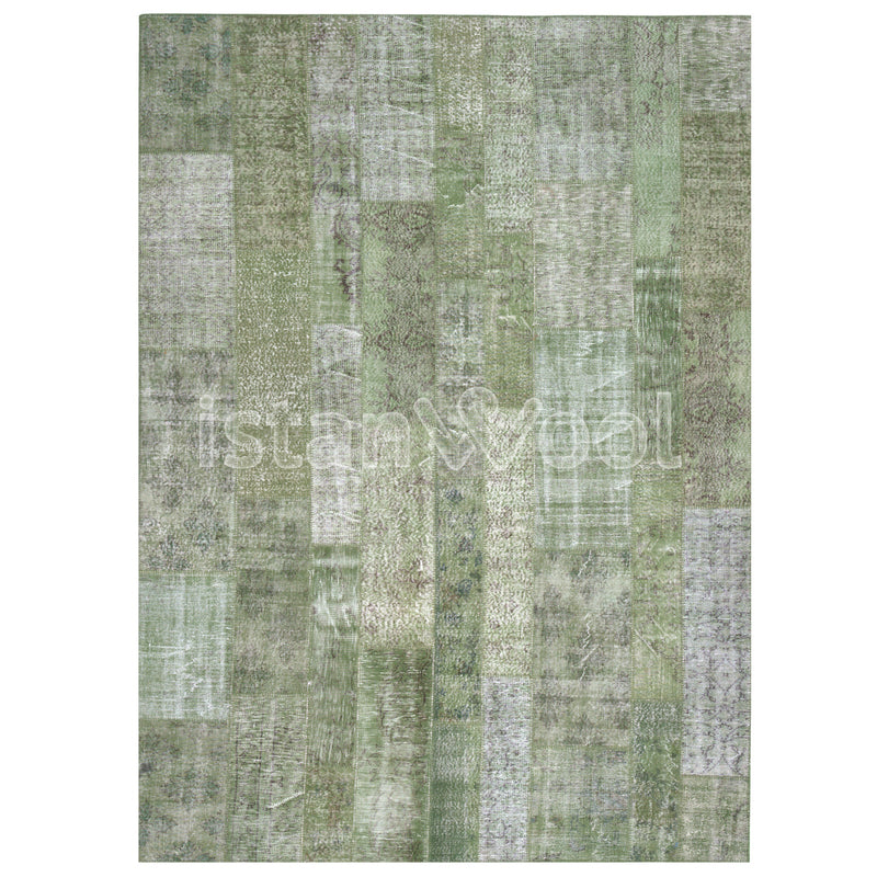 Alfombra Patchwork de Lana, Hecha a Mano, Gruesa, Color Verde. Colección Kadikoy.