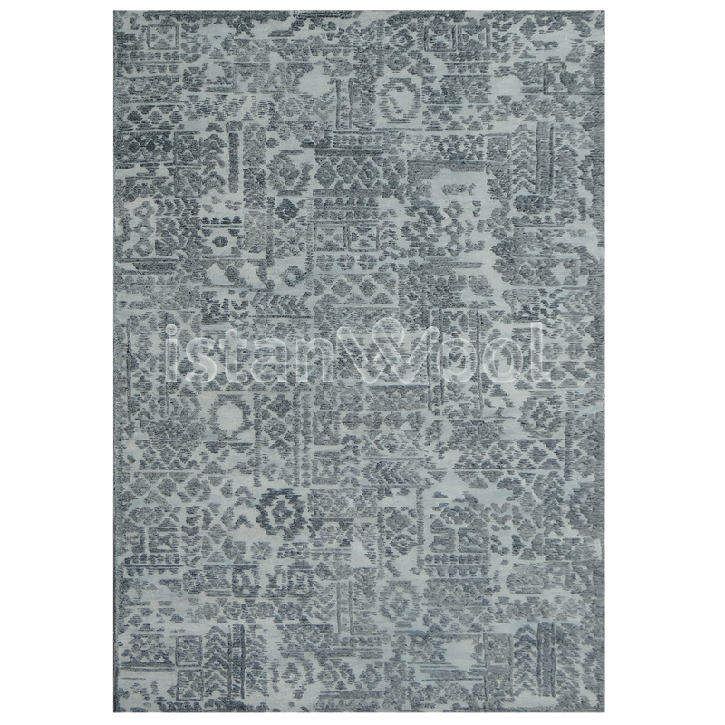 Alfombra Grande tipo Boucle, Gruesa, Pelo con Relieve, Color Gris con Verde. Colección Tibet.
