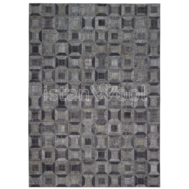 Alfombra Grande Patchwork de Lana Hecha a Mano, color Gris. Colección Kadikoy.
