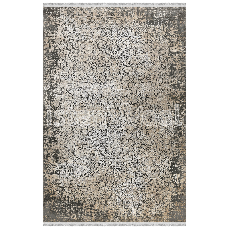 Alfombra Moderna Estilo Antiguo, Gruesa, Pelo con Relieve. Color Café con Dorado.  Colección Ortakoy