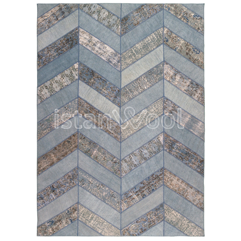 Alfombra Patchwork de Lana, Hecha a Mano, Gruesa, Color Celeste con Dorado. Colección Kadikoy.