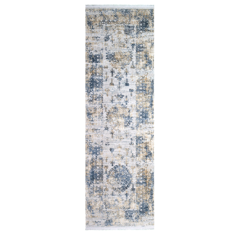Alfombra Moderna Estilo Antiguo, Gruesa, Pelo con Relieve, Color Azul con Amarillo. Colección Ulus.