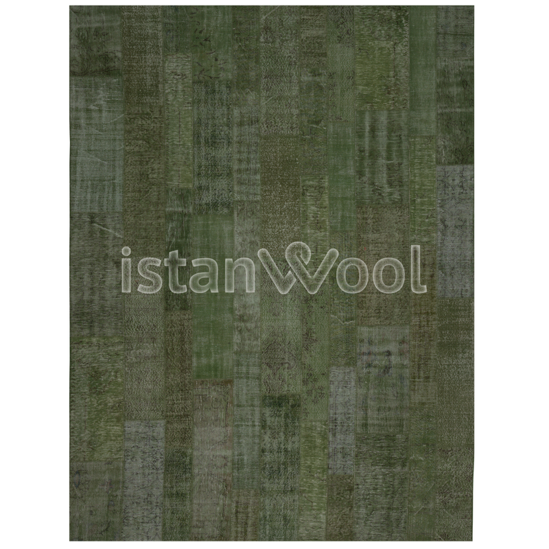 Alfombra Patchwork de Lana Hecha a Mano, color Verde. Colección Kadikoy.