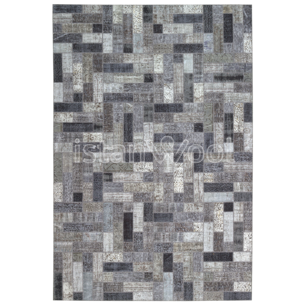 Alfombra Patchwork de Lana, Hecha a Mano, Gruesa, Gris con Negro. Colección Kadikoy.