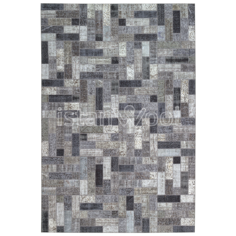 Alfombra Patchwork de Lana, Hecha a Mano, Gruesa, Gris con Negro. Colección Kadikoy.