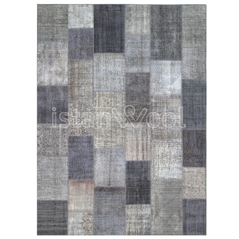 Alfombra Patchwork de Lana, Hecha a Mano, Gruesa, Gris. Colección Kadikoy.