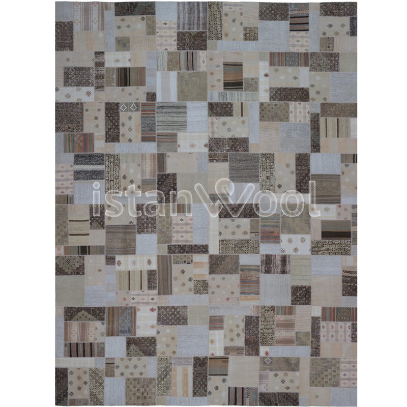 Alfombra Kilim Patchwork de Alto Trafico, Blanca con Café. Colección Balat